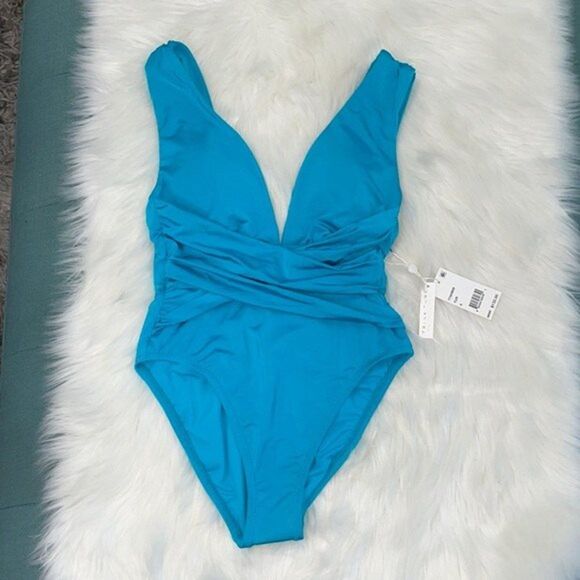 Trina Turk Womens Plunge Wrap Front One Piece Swimsuit Turquoise//Getaway Solids - Picture 8 of 10
